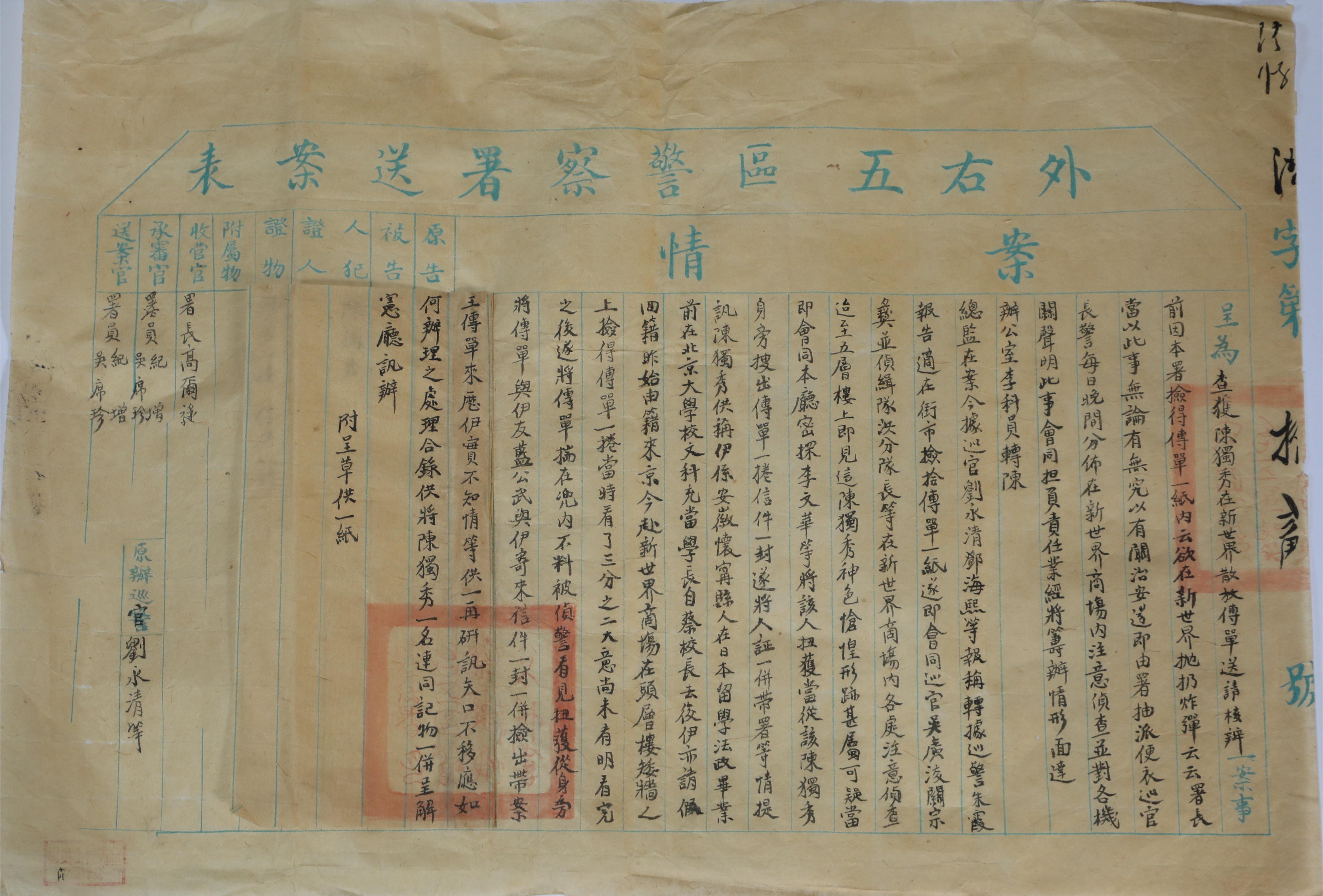 江津陈独秀旧居陈列馆-陈独秀五四时期被捕案情记录（复制件）